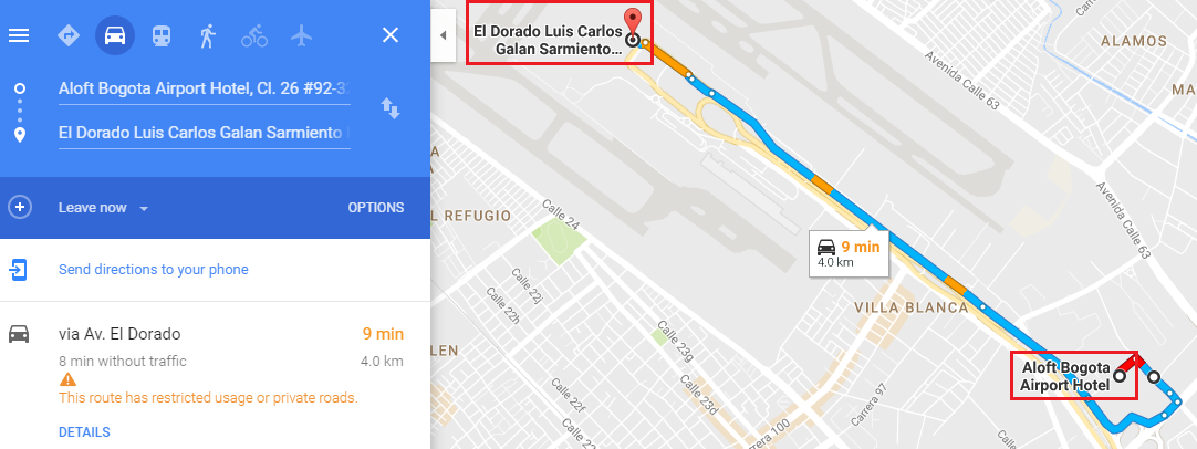 Google Map Bogota Airport to Aloft Bogota Airport