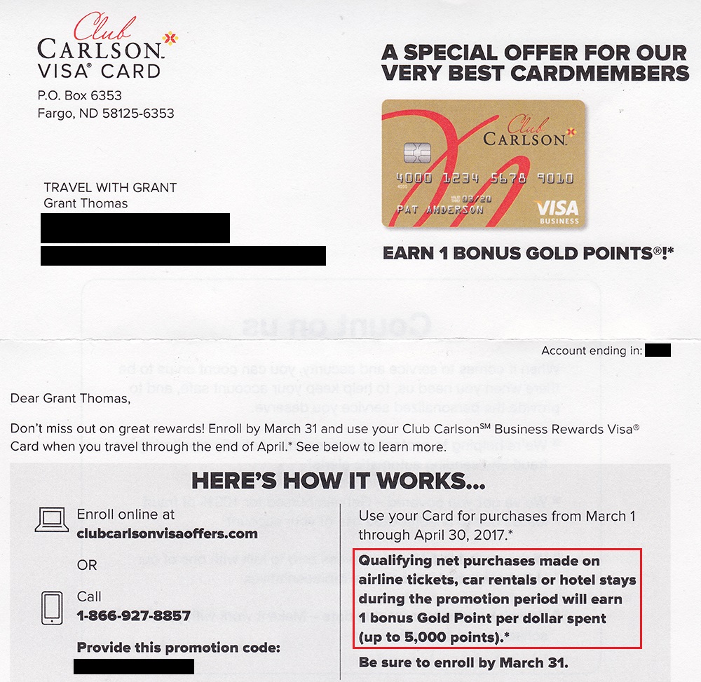 US Bank Club Carlson Business Credit Card Targeted Offer March 2017