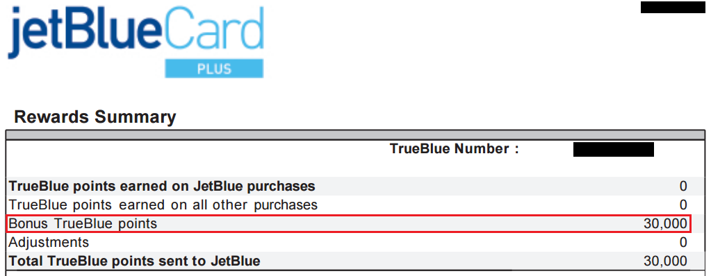 Barclays JetBlue Plus Credit Card Statement 30,000 Bonus Miles Posted
