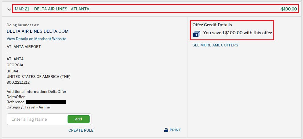 Delta $100 AMEX Offer Statement Credit