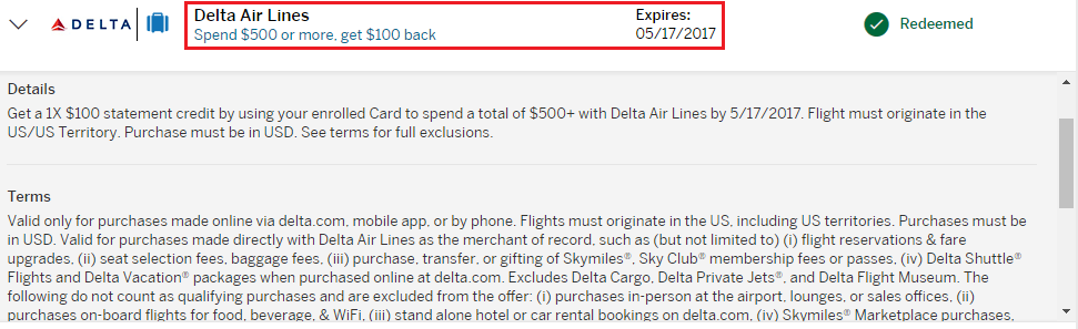 Delta AMEX Offer $100 Off $500