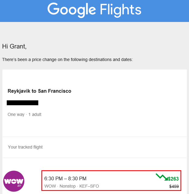 Google Flights Price Drop KEF-SFO Email Alert