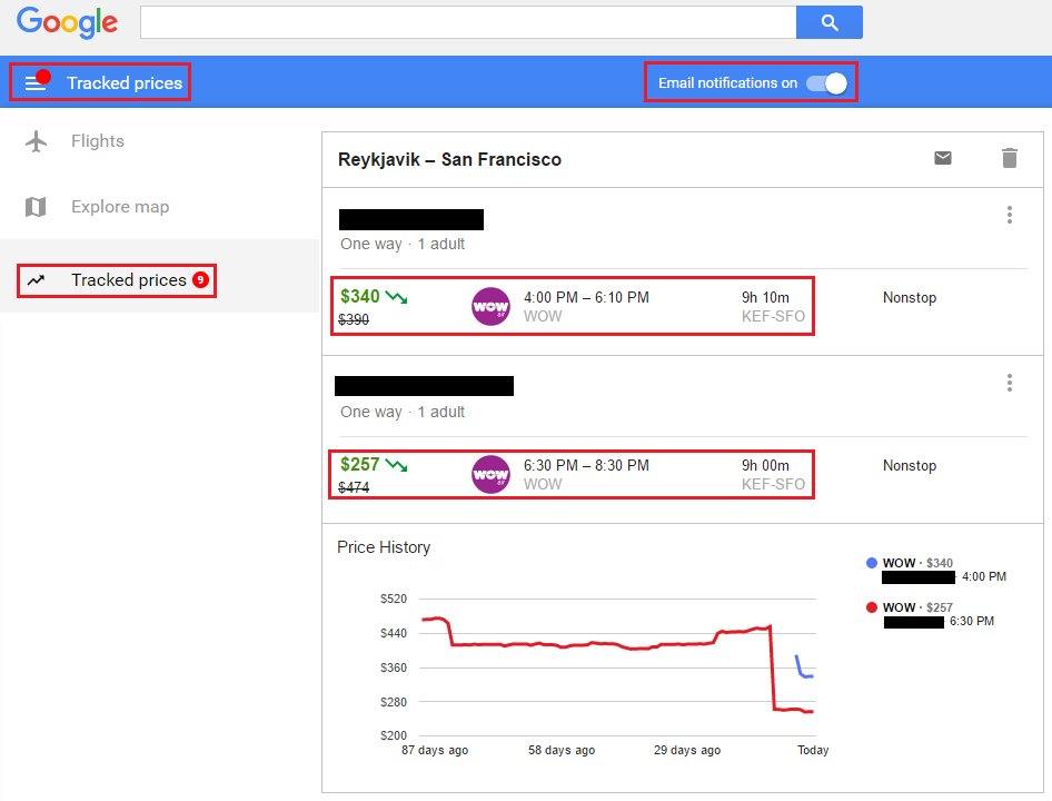 Google Flights Price Tracking Tab