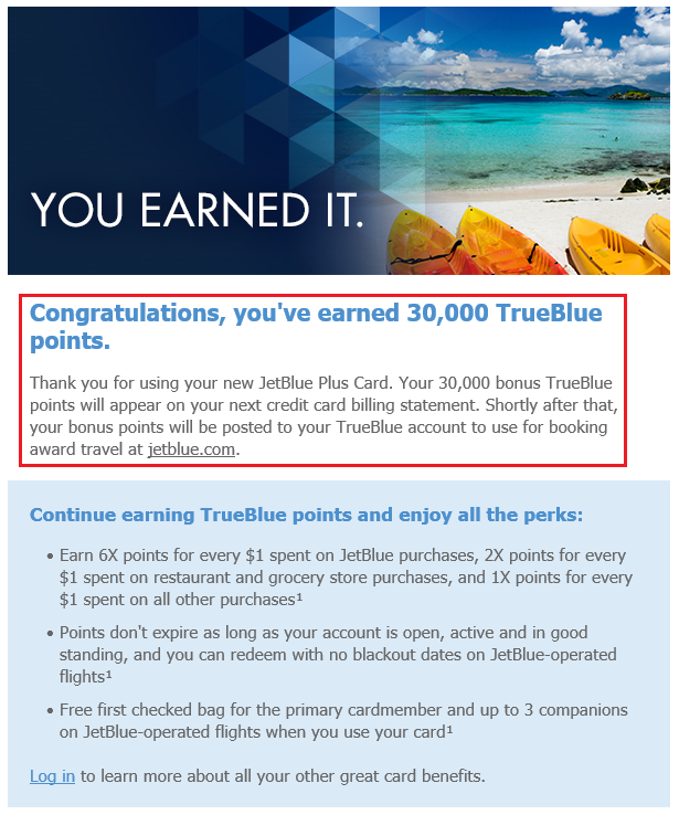 JetBlue 30,000 Miles Posted Email