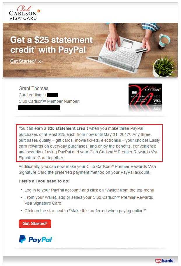 Targeted US Bank Club Carlson Credit Card Q2 Offer