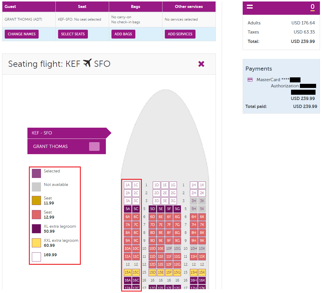 WOW Air KEF-SFO Seat Map Prices