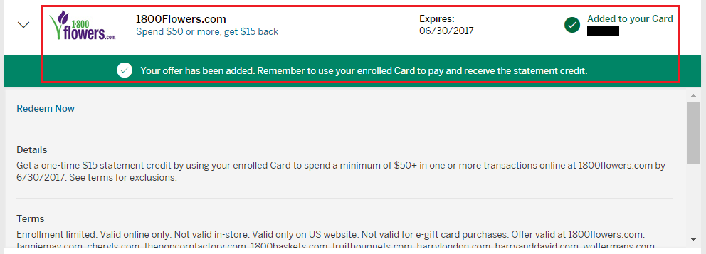 1-800-Flowers AMEX Offer Added