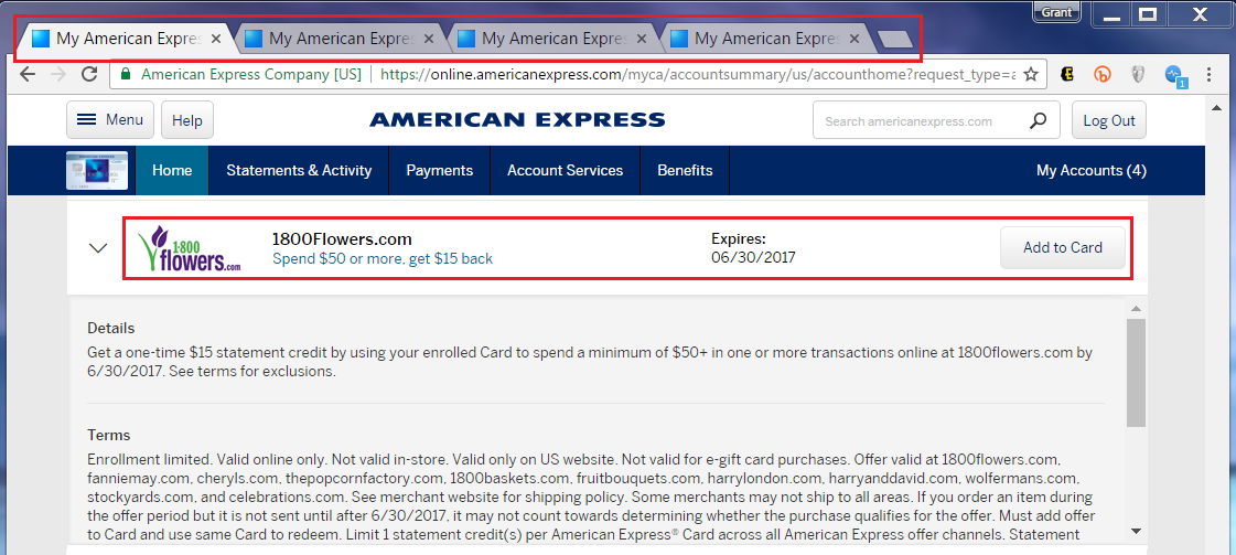 Find the Same AMEX Offer in Each Tab