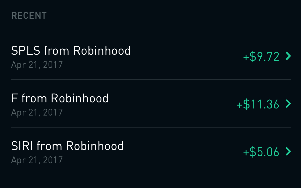 A screenshot of the Robinhood investment app showing recent activity (shares of SIRI, F, and SPLS)