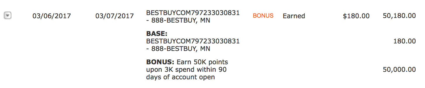 A screenshot of a Merrill+ Rewards statement showing a Best Buy purchase for $180 earning 180 base points and 50,000 bonus points.