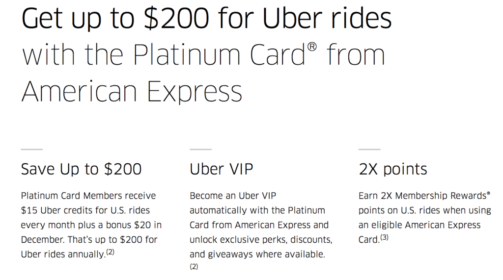 Screenshot from uber.com listing the Uber benefits associated with the American Express Platinum Card, including "Earn 2x Membership Rewards points on U.S. rides when using an eligible American Express card."