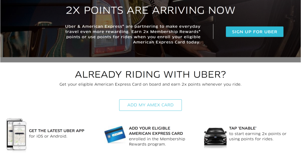 A screenshot from January 2017 of the page on Uber's website describing the American Express Membership Rewards promotion, which has no mention of geographic restrictions.