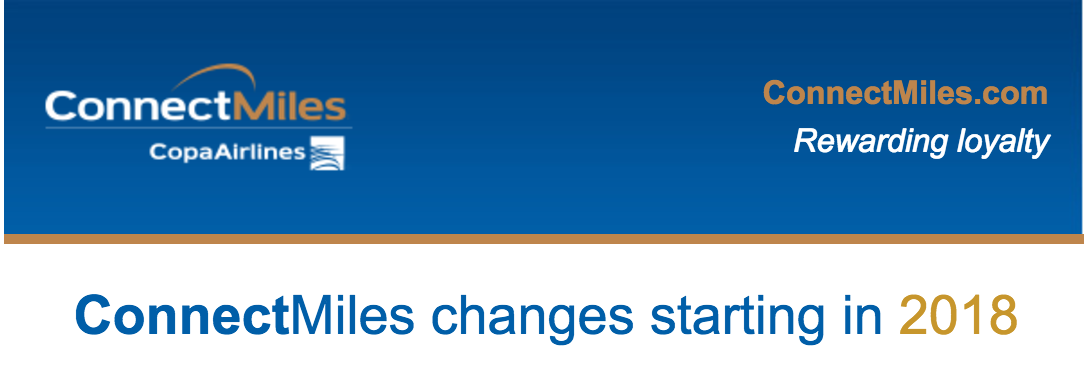 An email screenshot with the Copa Airlines ConnectMiles logo and motto, and the text "ConnectMiles changes starting in 2018"