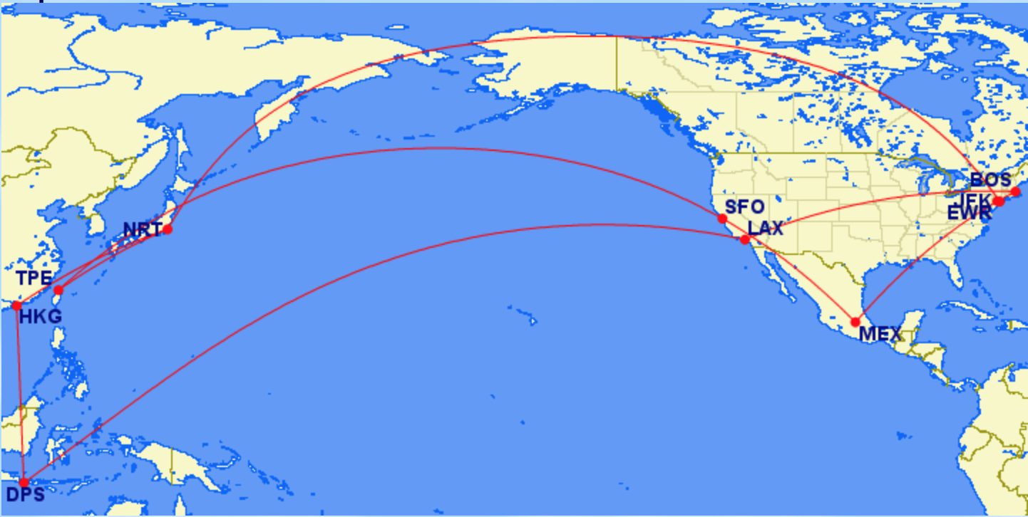 A flight map illustrating the following routing: MEX-SFO-TPE-NRT-HKG-NRT-JFK-NRT-HKG-DPS-LAX-BOS-EWR-MEX
