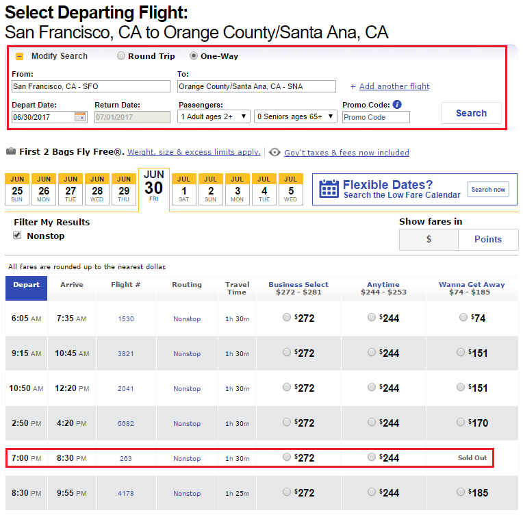 Search SFO-SNA Southwest Airlines Flights