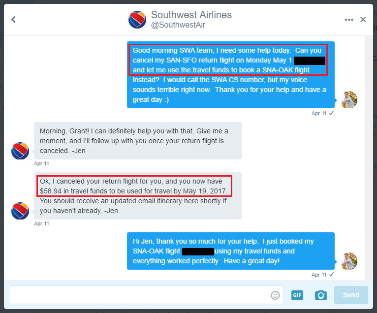 Southwest Airlines Direct Message 4-11-2017