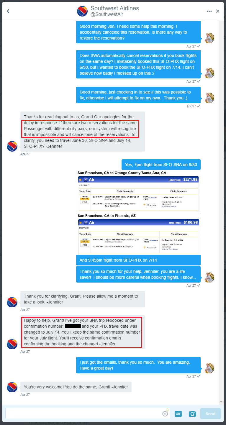 Twitter Direct Mesage with Southwest Airlines 4-27-2017