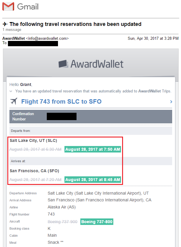 Award Wallet Schedule Change Email Alert