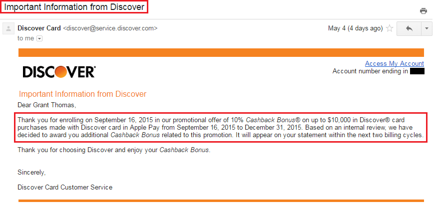 Extra Discover Cash Back Apple Pay Posted | Travel with Grant