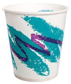 a white cup with blue and purple paint on it