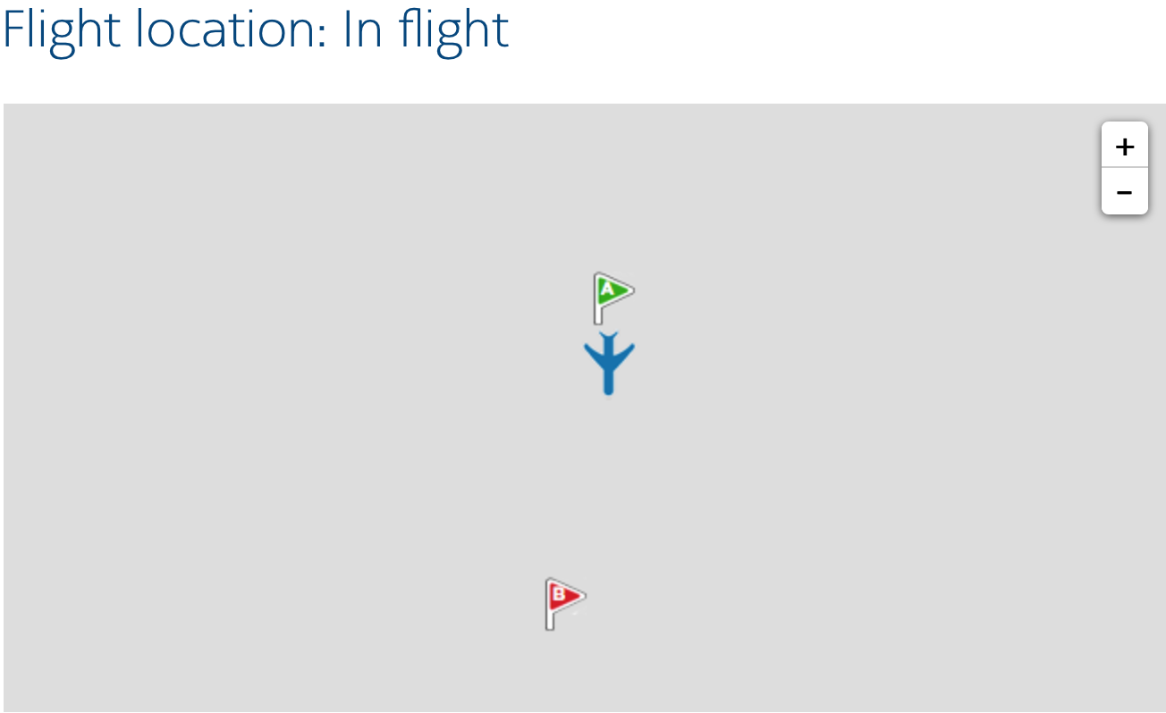 A flight tracker page that shows start and end flags but has no map underneath, only a grey box.