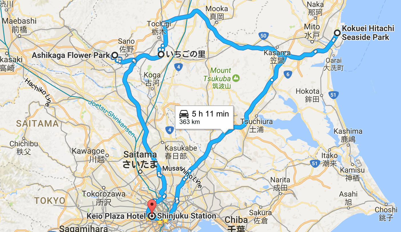  Google Maps screenshot showing driving directions from Tokyo to Hitachi Seaside Park, Itigo no Sago farm, and Ashikaga Flower Park.