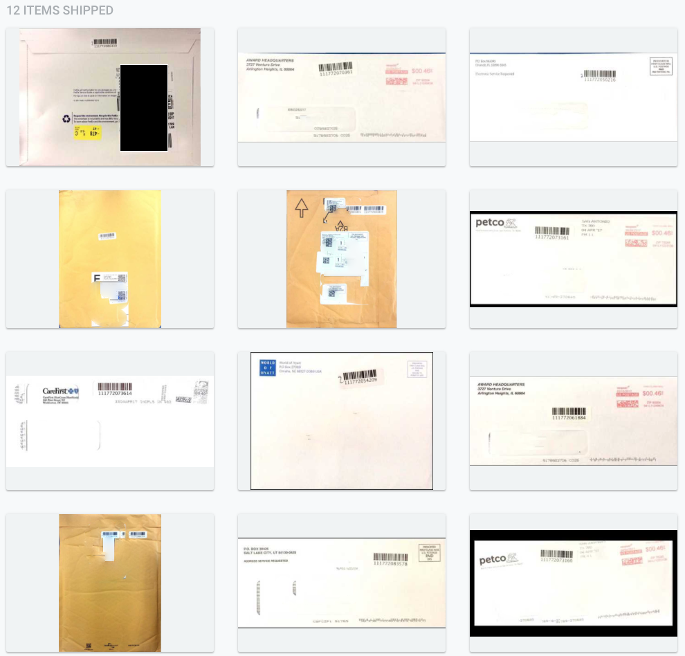 A screenshot of 12 envelopes of various sizes from my virtualpostmail dashboard
