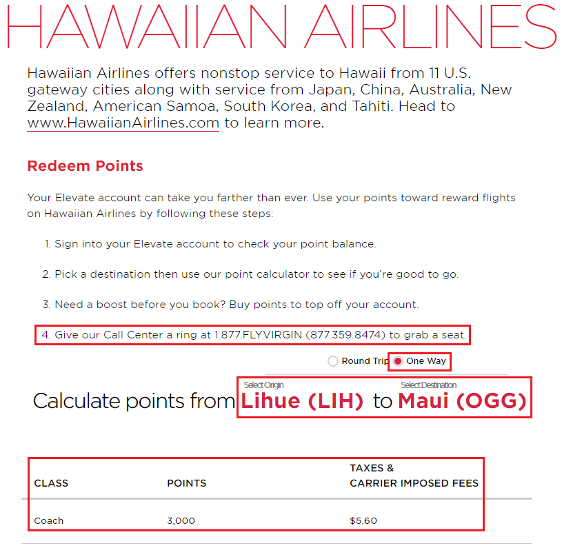 Hawaiian Airlines Flight Award Chart