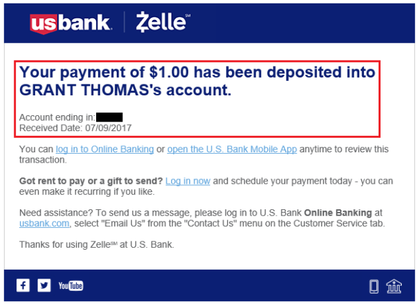 1 Zelle Payment from US Bank Checking Account Travel