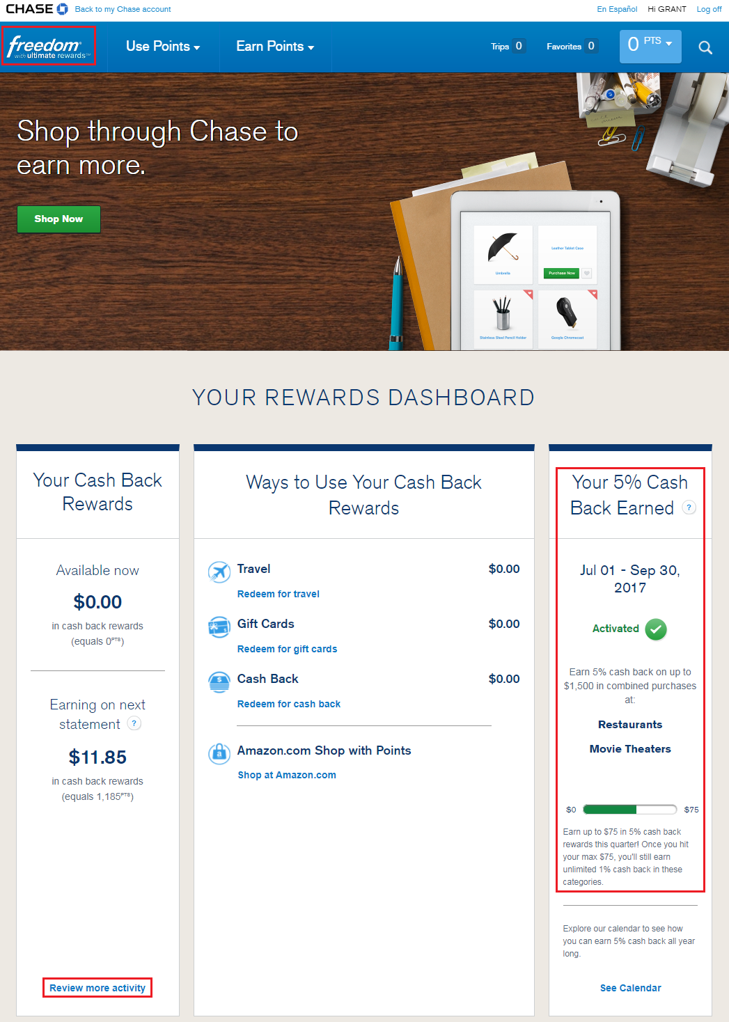 a screenshot of a cash back dashboard