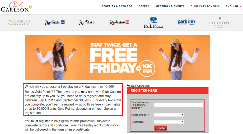 Club Carlson Promo Up to 3 Free Friday Night Stays Worldwide or 30,000