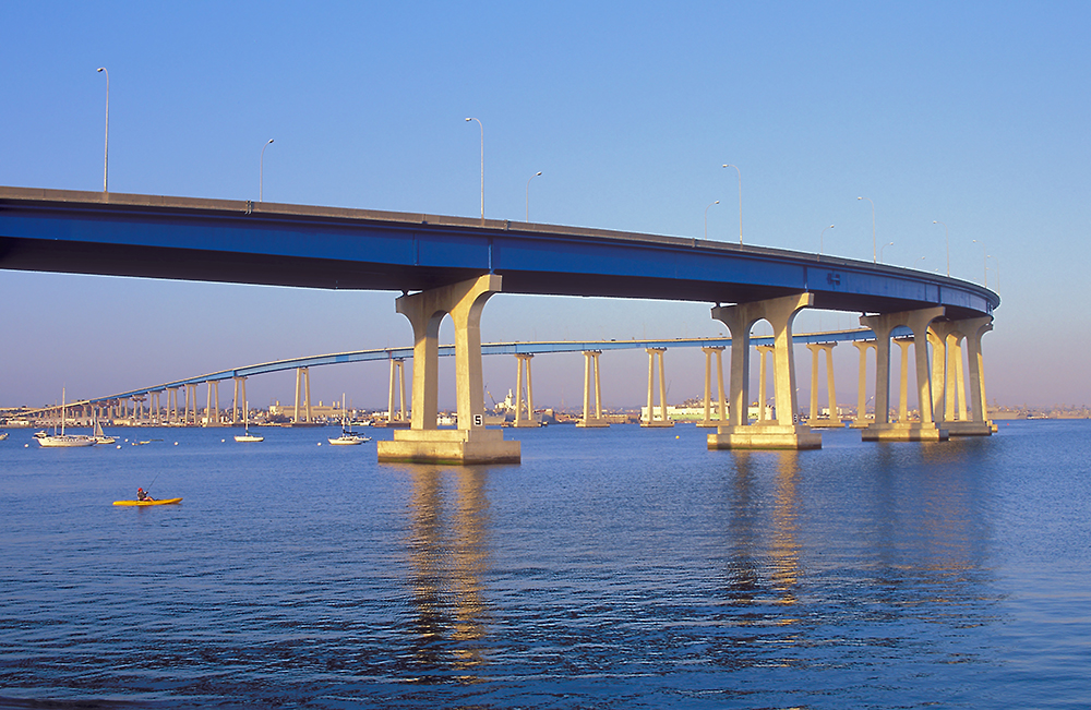 San Diego–Coronado Bridge over water with boats in the background