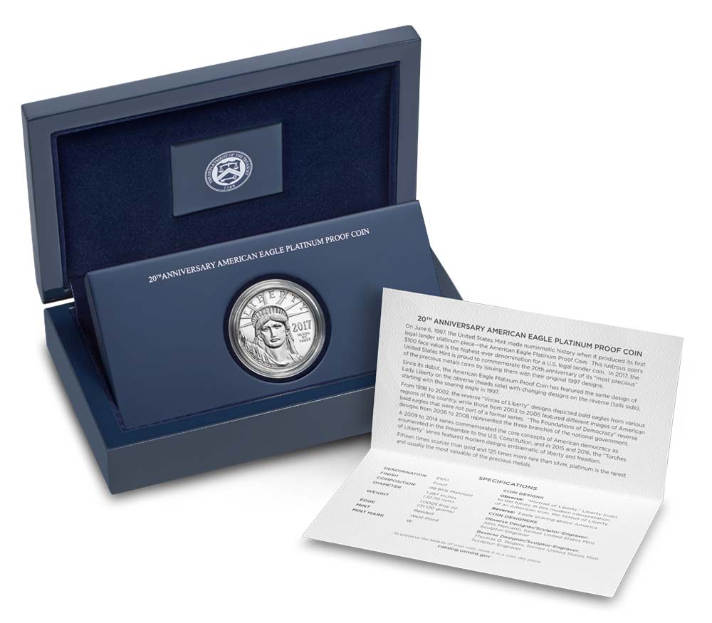 a silver coin in a blue box
