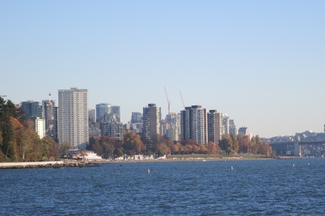 a city skyline with trees and water
