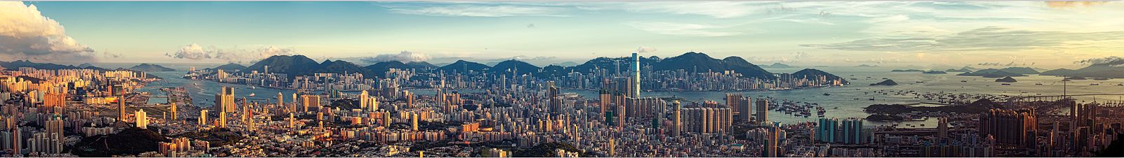 A panorama of the Kowloon, Hong Kong skyline. 
