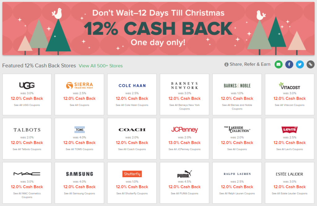 Earn 12 Cash Back at Ebates 12 Days Till Christmas Promo (Bonus Cash