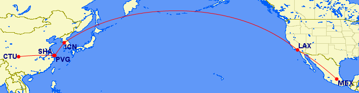 A world map centered over the Pacific Ocean showing the following flight routing in red: MEX-LAX-ICN-PVG, SHA-CTU