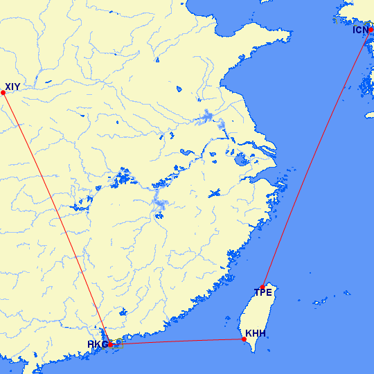 A map showing mostly China as well as Taiwan and the edge of Korea, with a red route map showing XIY-HKG-KHH, TPE-ICN
