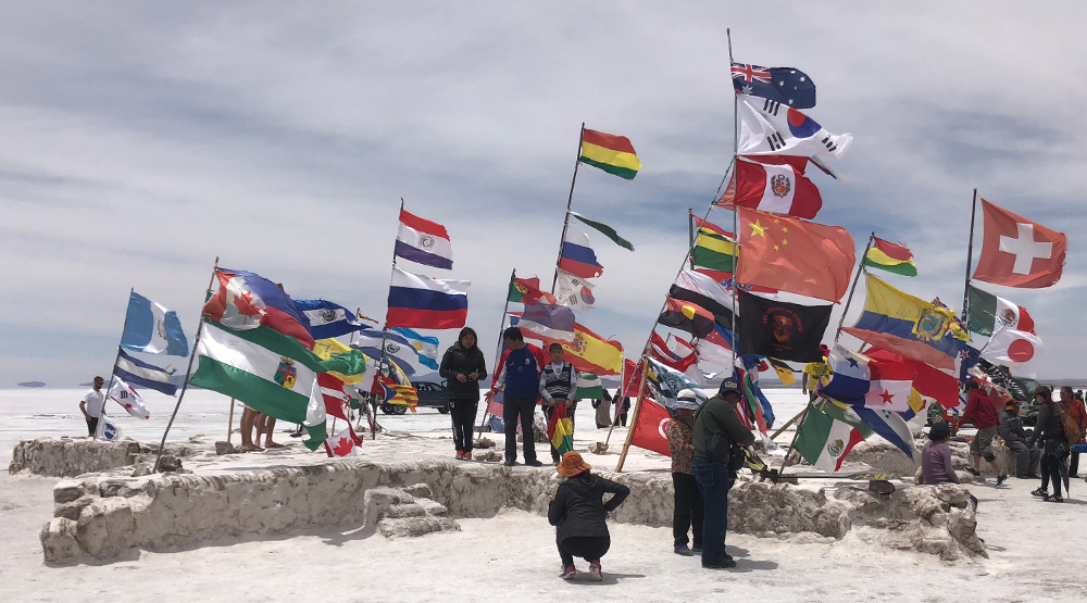 a group of people standing in the snow with flags