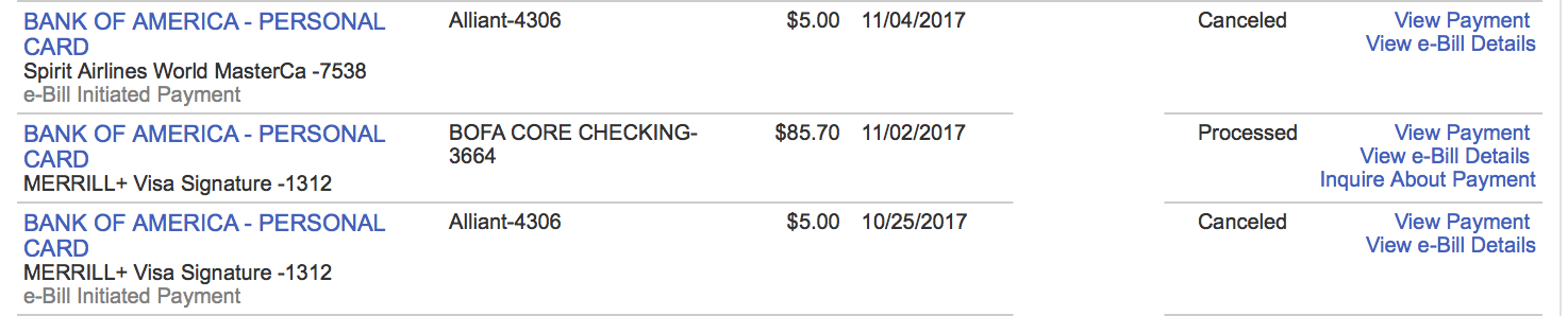 A screenshot of a Bank of America eBill history, showing two "eBill-Initiated Payments" listed as canceled, and one manual payment in the middle marked as processed.