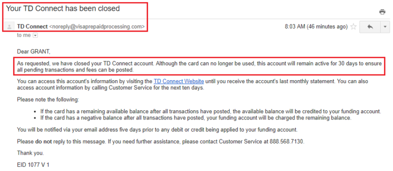 My TD Bank Connect Card Shutdown Letter & 1 Month Grace Period