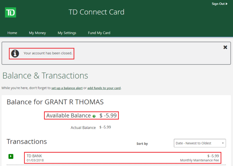 My TD Bank Connect Card Shutdown Letter & 1 Month Grace Period
