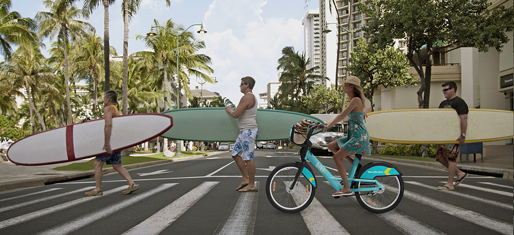 a man and woman on a bicycle carrying a surfboard