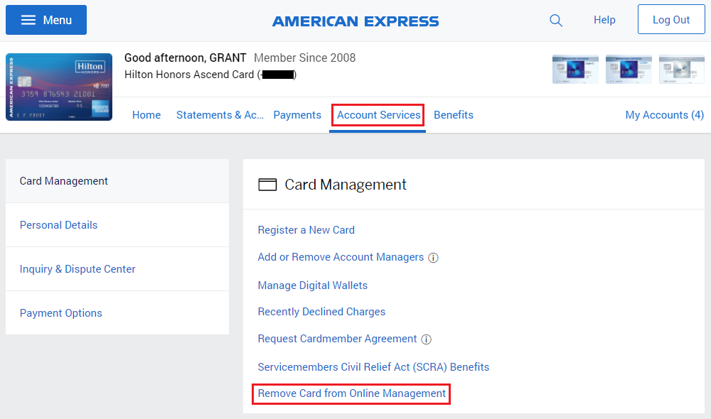 How do I remove a card from my American Express Online Service?