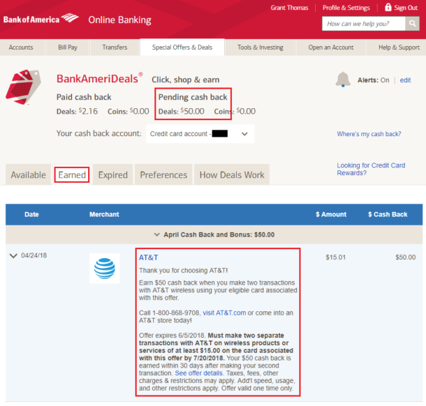 Bank of America BankAmeriDeals How Quickly does the Cash Back