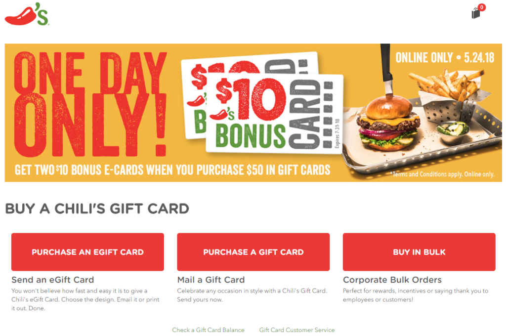 Today Only Buy Chili's eGC & Get 2 Bonus Cards Free