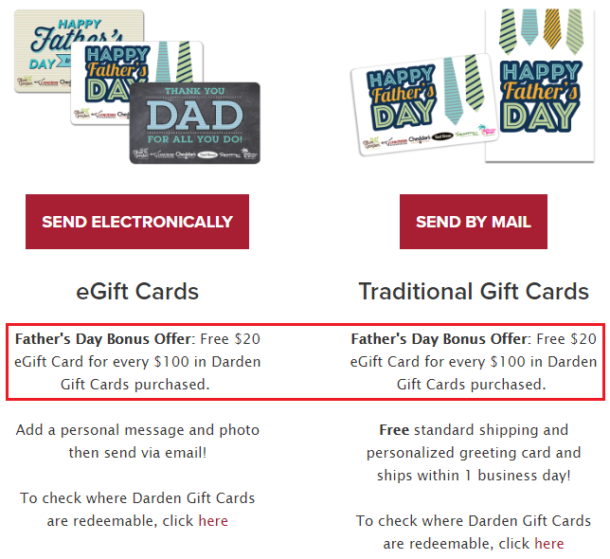 Darden Restaurants (Olive Garden, Yard House & More) Bonus with 0 GC
