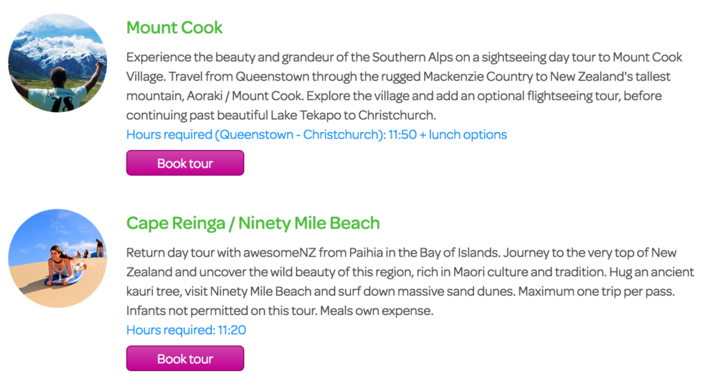 A screenshot from the InterCity website showing tour packages available for booking with a FlexiPass