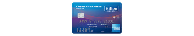 a blue credit card with red and blue design