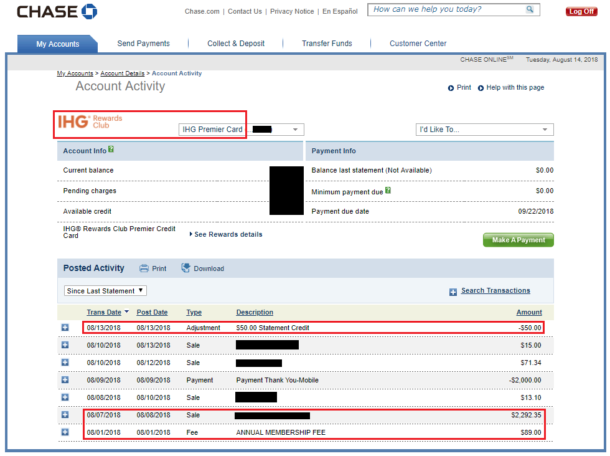 Chase IHG Premier Credit Card Statement Credit Posted (1 Week After ...